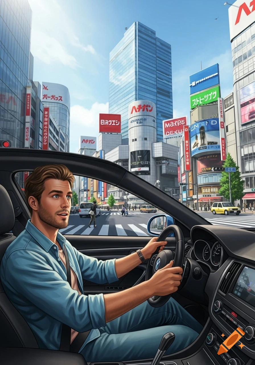 A man in a blue shirt and jeans drives a car through a bustling city street in Japan, lined with skyscrapers and billboards under a clear sky.