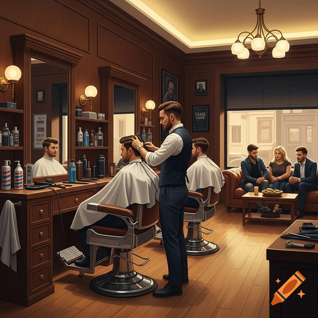 A photorealistic image of a busy barbershop interior, with a barber cutting a client's hair while others wait on a sofa.
