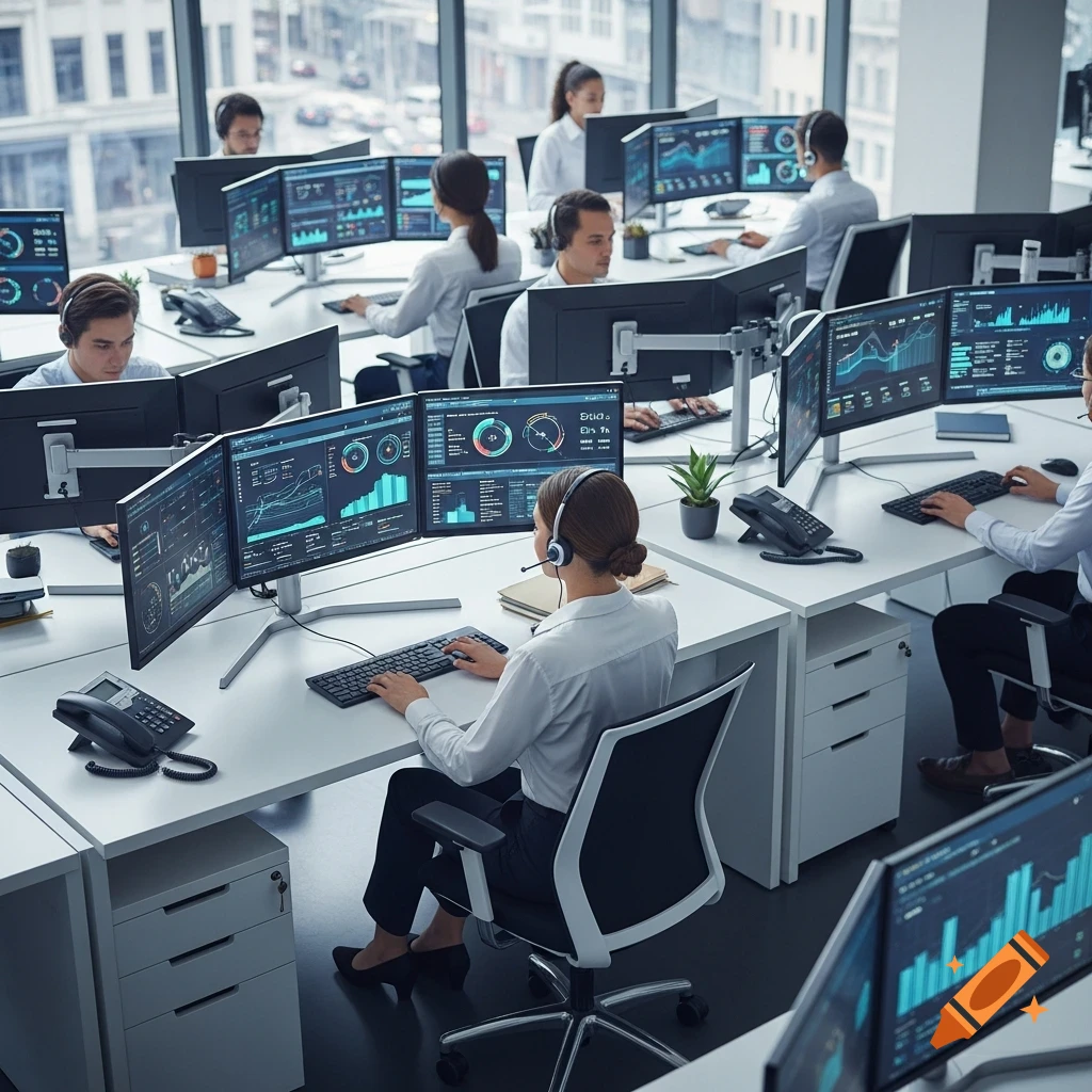 Photorealistic image of people working at computers with multiple screens displaying data in a modern office.