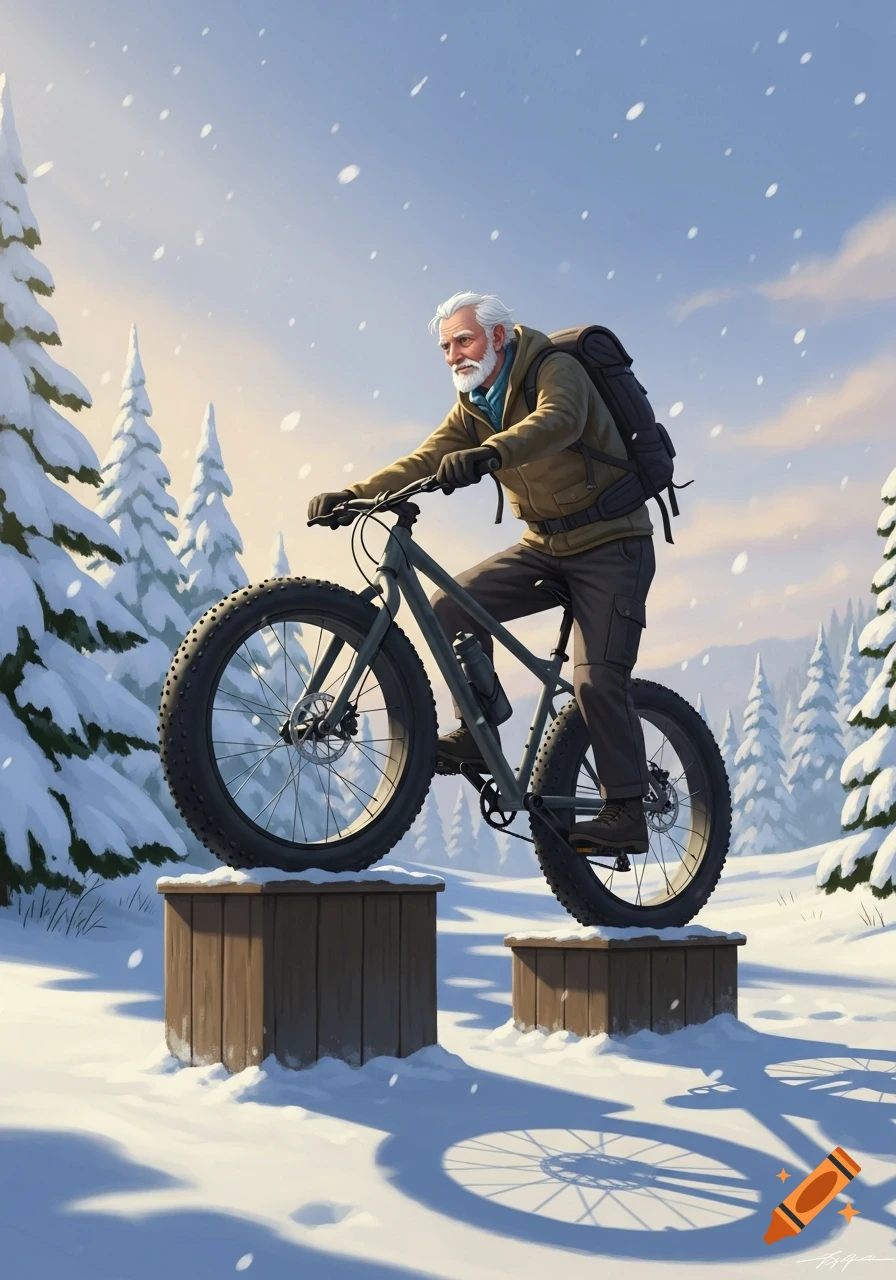 An illustrated older man with a white beard rides a fatbike, balancing on wooden platforms in a snowy winter landscape.