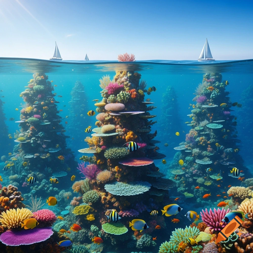Vibrant underwater scene with colorful coral reefs resembling trees, schools of tropical fish, and sailboats on the ocean surface above.