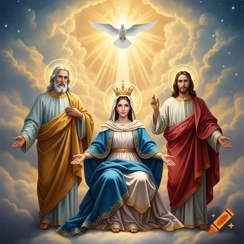 A hyperrealistic depiction of God the Father, Jesus, and the Virgin Mary being crowned in heaven, with the Holy Spirit as a dove.