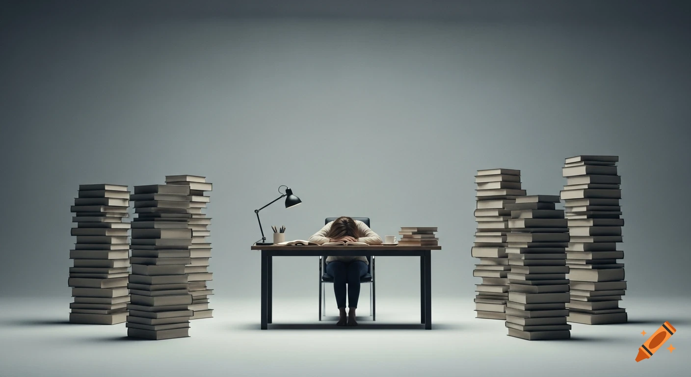 A person with their head on a desk, surrounded by tall stacks of books, conveying exhaustion in a minimalistic, desaturated style.