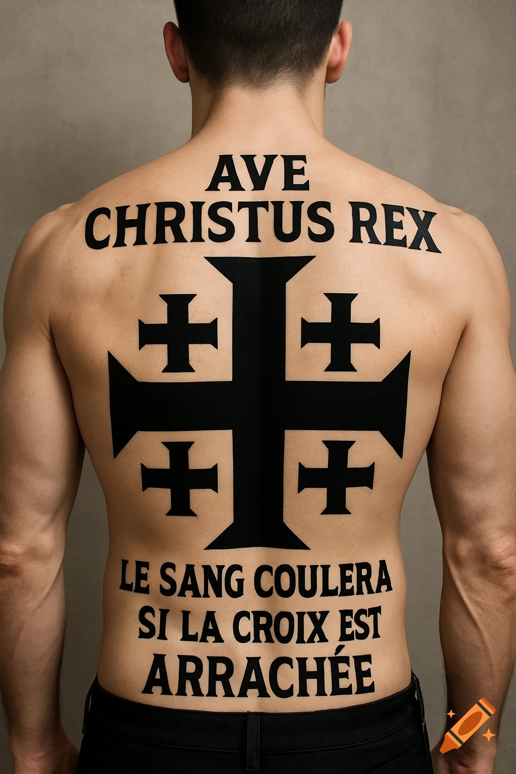A man's bare back with a large black tattoo of a Jerusalem cross and bold text 'AVE CHRISTUS REX' and 'LE SANG COULERA SI LA CROIX EST ARRACHÉE'.
