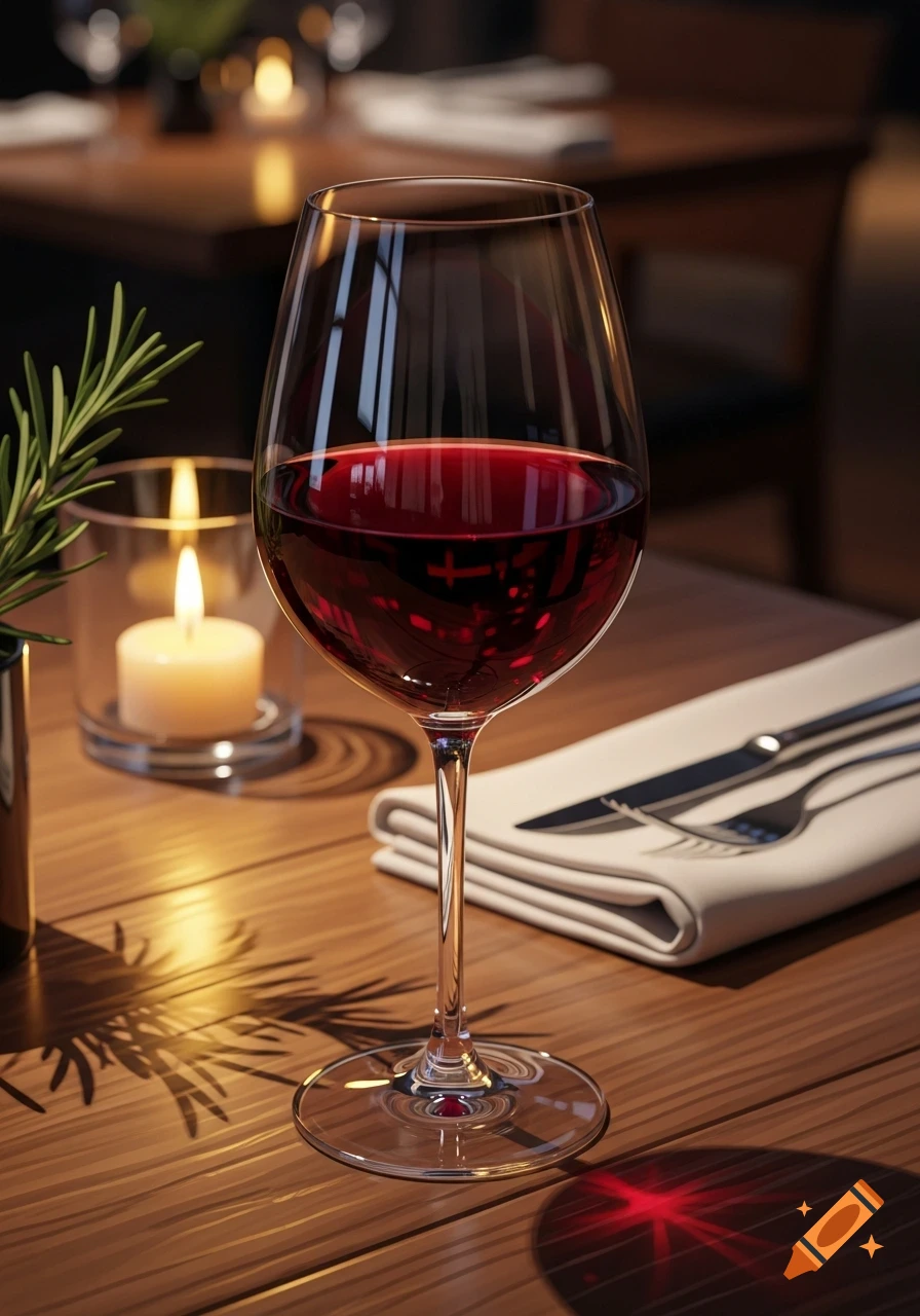 A glass of red wine on a wooden table in a dimly lit restaurant with a candle and cutlery, photorealistic.