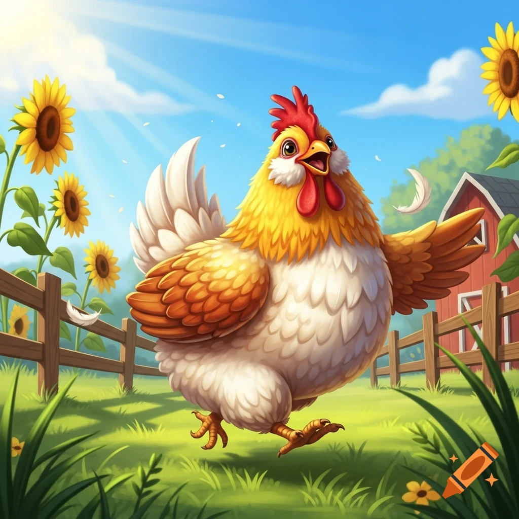 A happy, fluffy cartoon chicken runs in a sunny farm field with sunflowers, a wooden fence, and a red barn in the background.