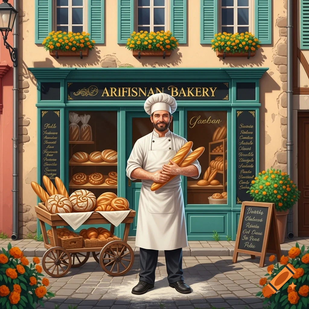 A smiling baker in a white uniform holds two baguettes while standing in front of a quaint bakery with bread displays and a wheeled cart of baked goods.