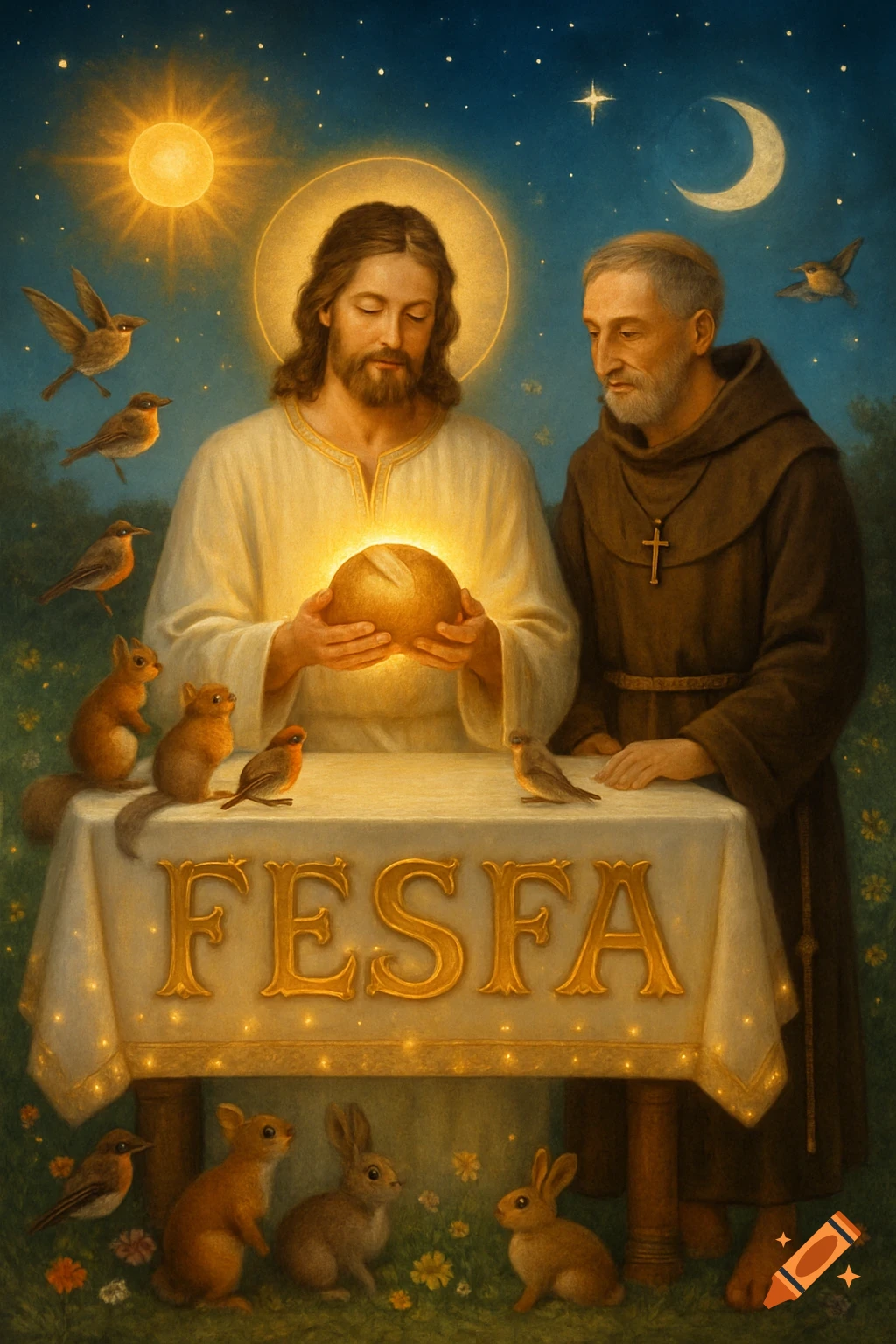 Jesus and Saint Francis with forest animals around a table inscribed 'FESFA', under a starry sky with sun and moon, in a spiritual painting.