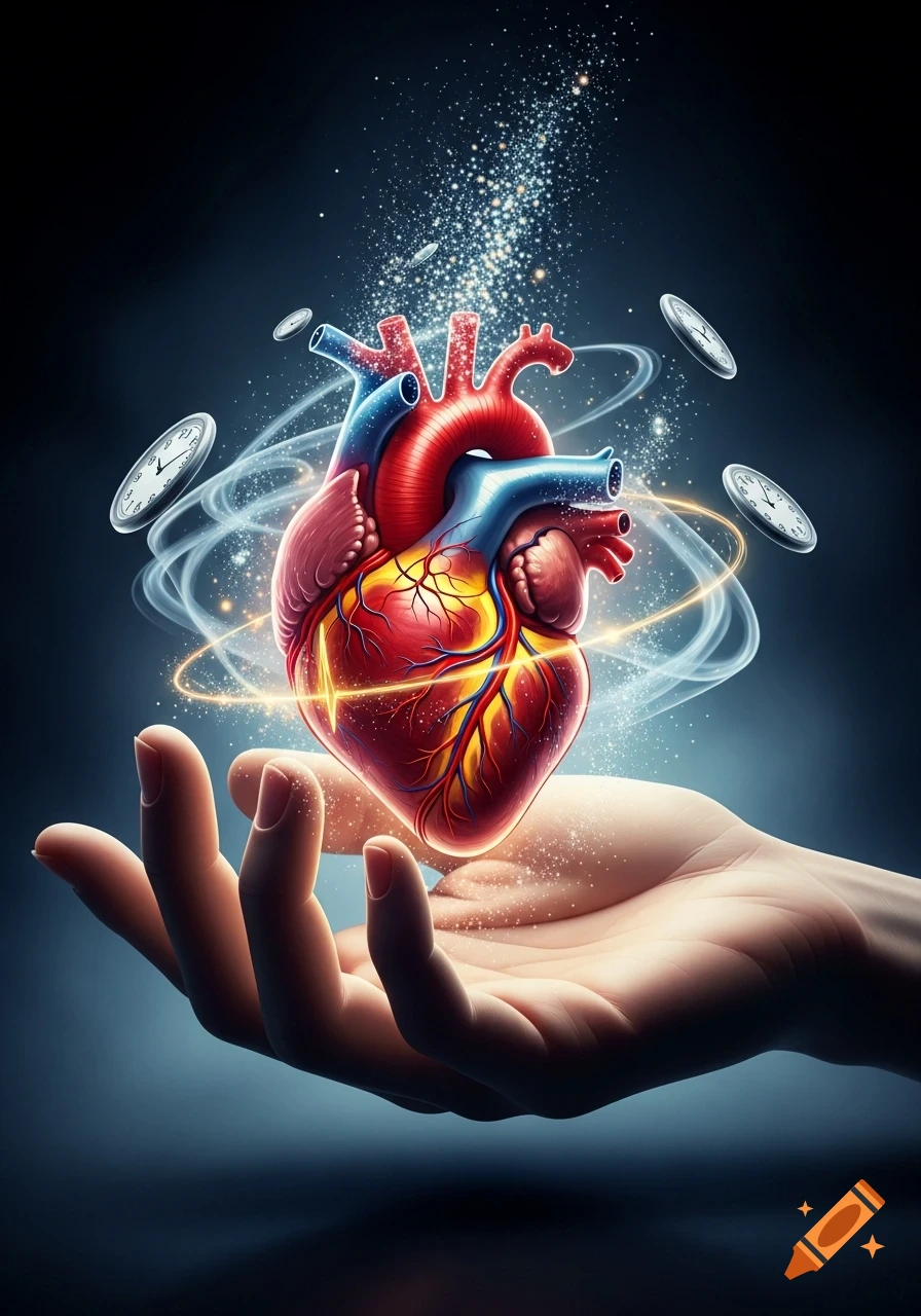 A stylized digital illustration of a human hand holding a glowing anatomical heart, surrounded by floating clocks and sparkling light.