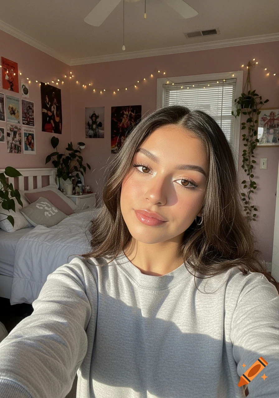 Young Hispanic woman takes a sunlit selfie in her bedroom, featuring posters and fairy lights on the pink wall.