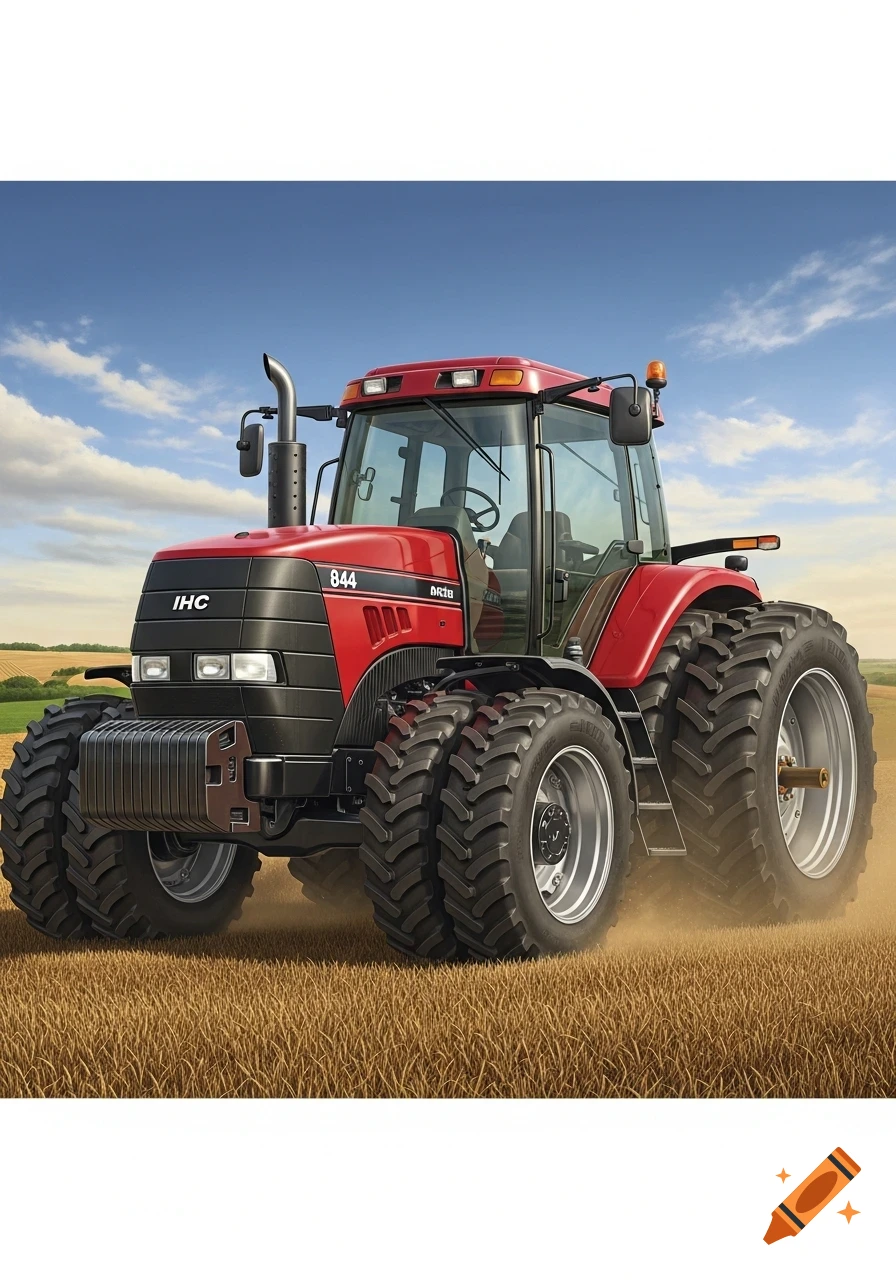 A red IHG 844 tractor with large dual wheels kicks up dust in a golden field under a blue sky.