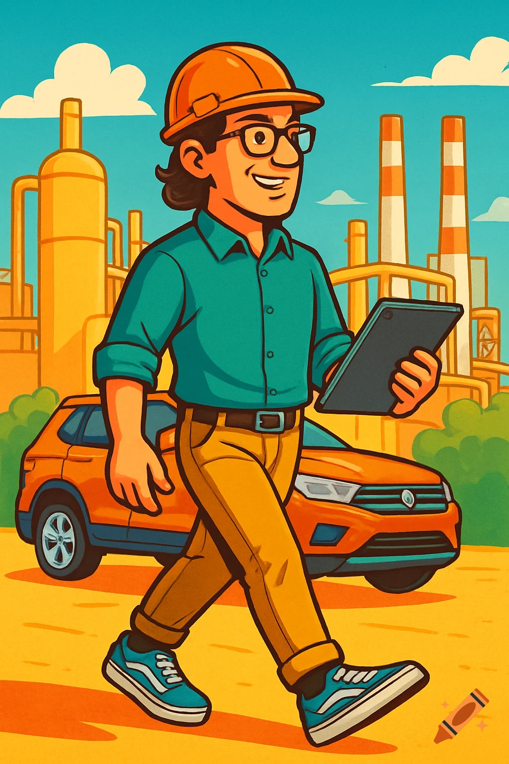 A smiling cartoon man in a hard hat and casual clothes walks with a tablet at an industrial site with a car in the background.