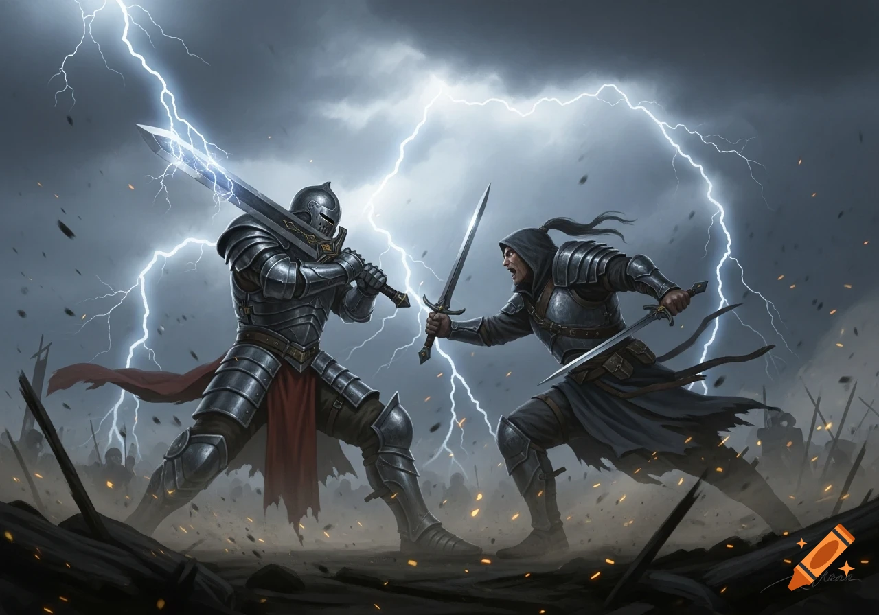 Two armored warriors battle fiercely with swords under a dramatic, lightning-streaked sky.