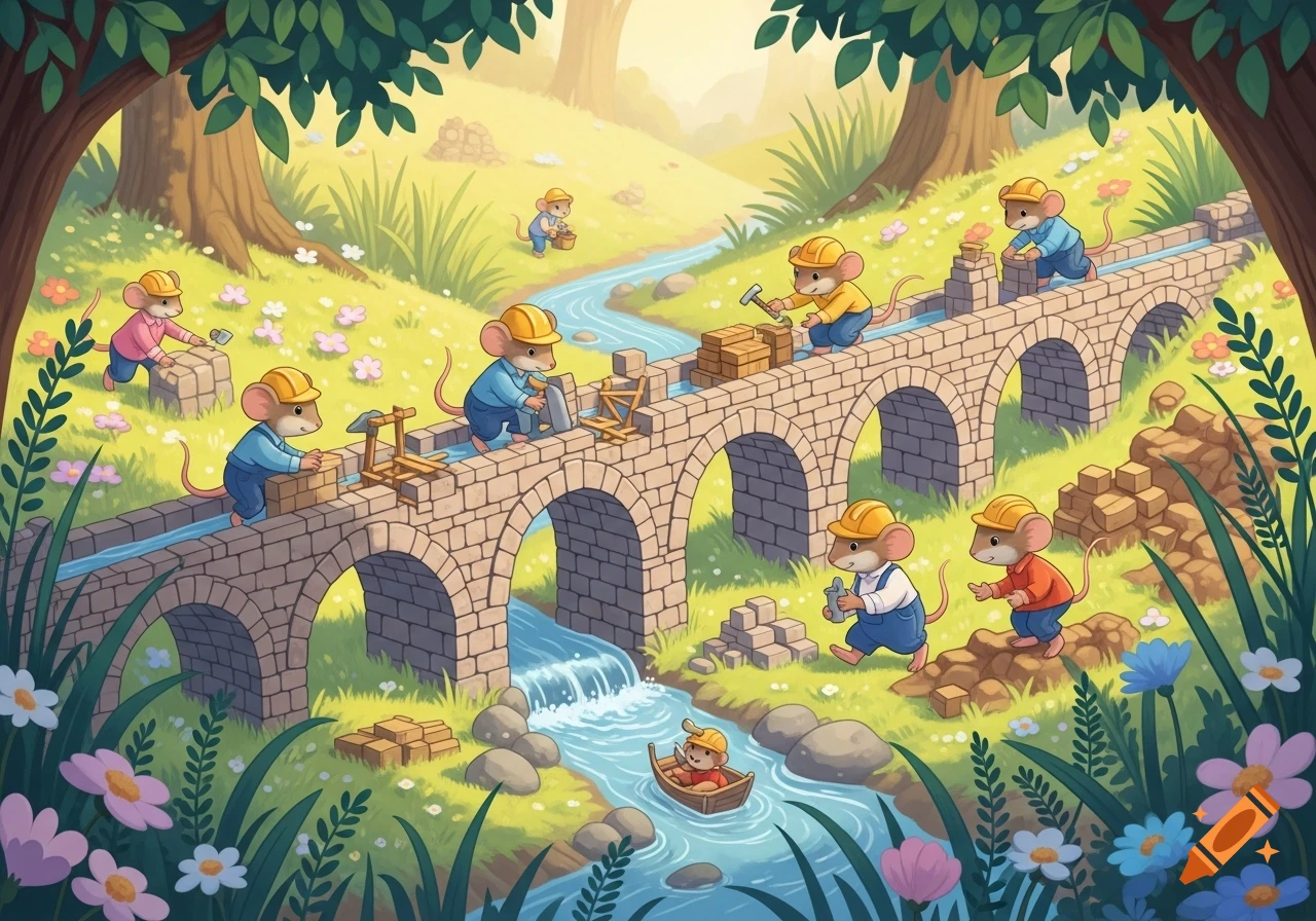 Whimsical cartoon illustration of many mice in hard hats building a stone aqueduct over a flowing river in a sunny, flower-filled forest.