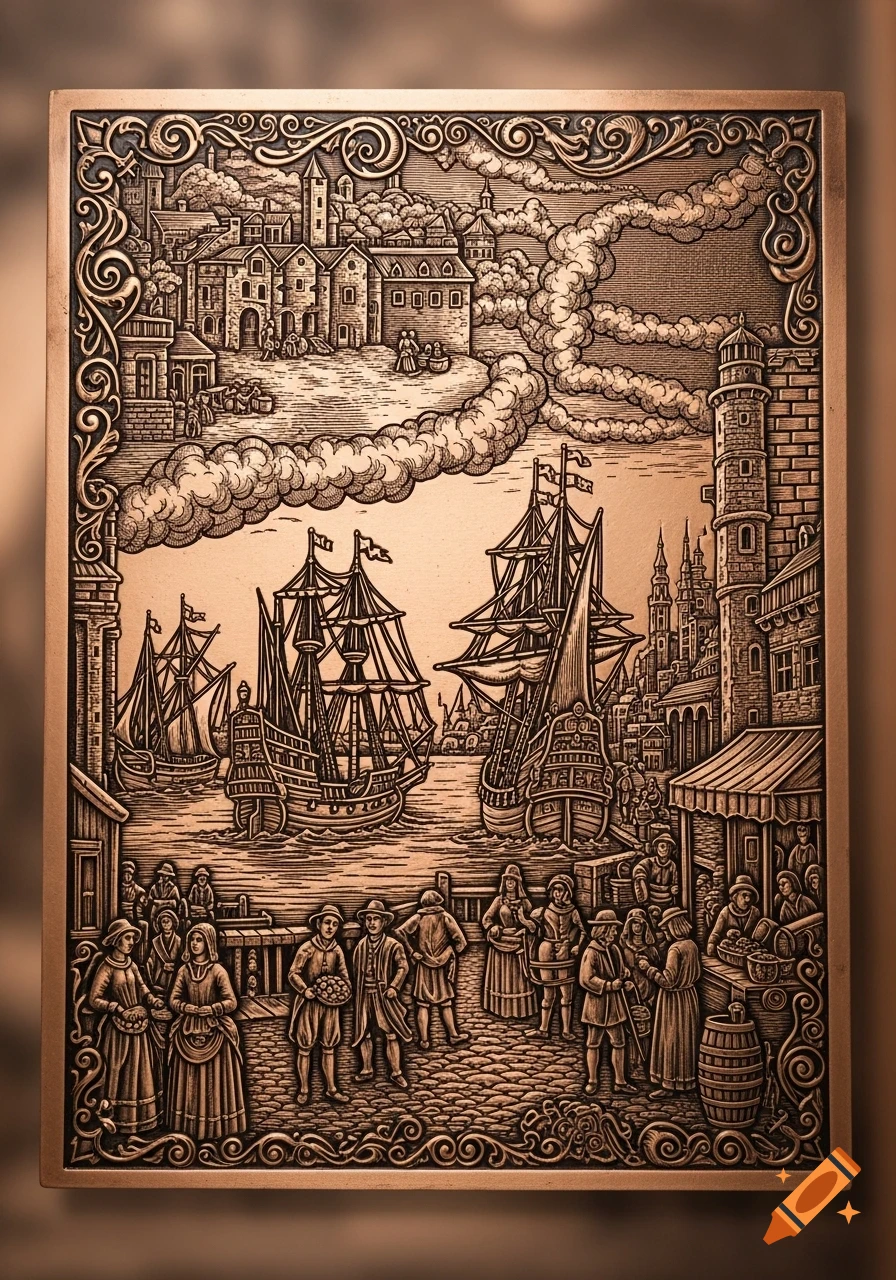 A detailed, bronze-toned relief depicting a bustling historical port city with ships, buildings, and many people on the docks.