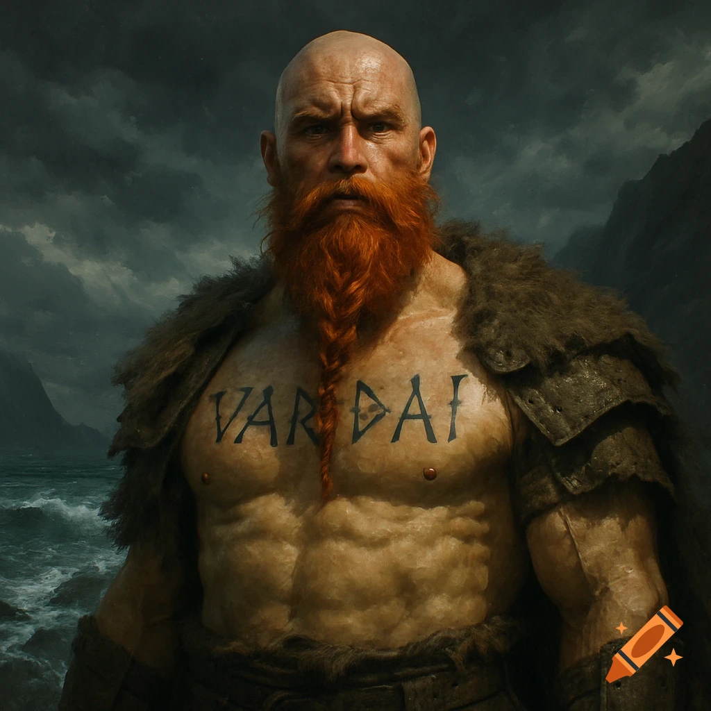 A bald, muscular viking with a braided red beard and a tattoo reading "VARDAI" on his chest, against a stormy sea and sky.