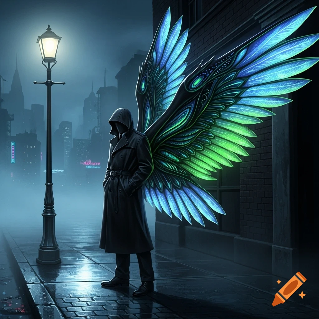A cloaked figure with glowing blue and green alien-like wings stands on a foggy city street under a lamppost in a noir style.