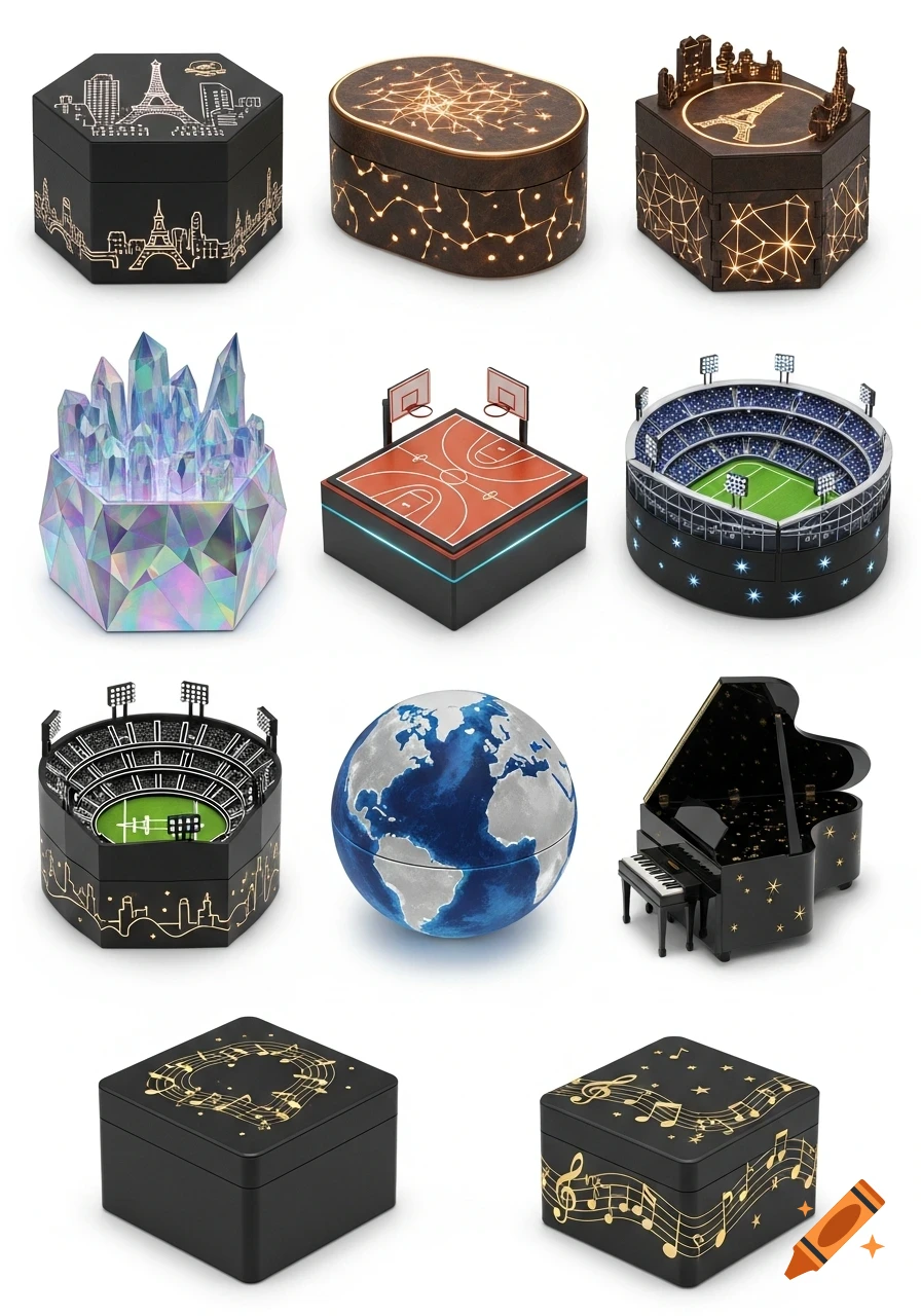 A grid of twelve miniature decorative boxes, each with a unique theme like a Paris cityscape, basketball court, football stadium, crystal, globe, and musical notes, all with glowing LED details.