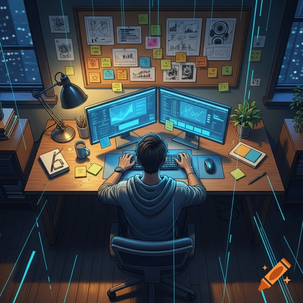 An illustrative bird's-eye view of a person working at a desk with dual computer monitors.