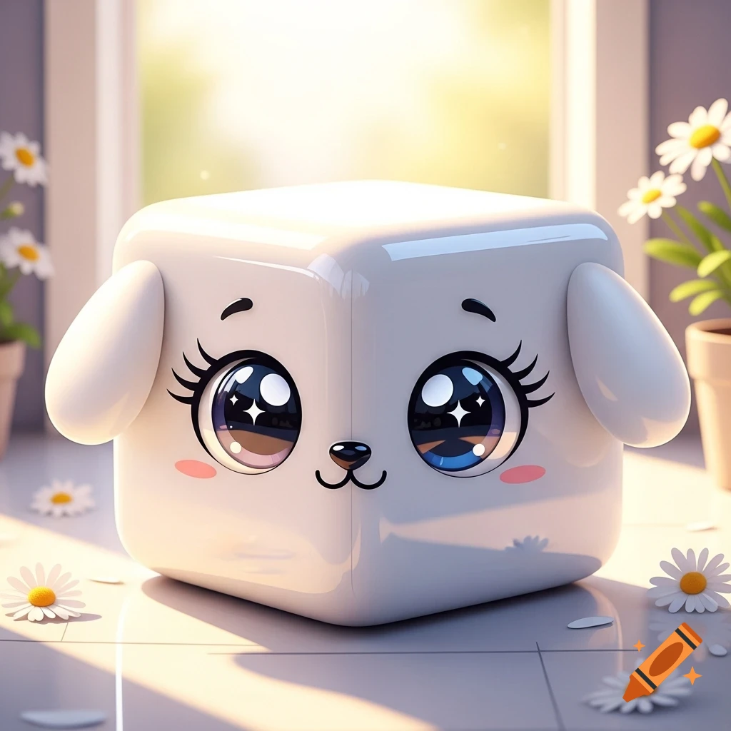 A white, shiny cube with large, expressive puppy dog eyes and eyelashes, resembling a cartoon dog, sitting on a tiled floor with scattered daisy petals near a window in bright sunlight.