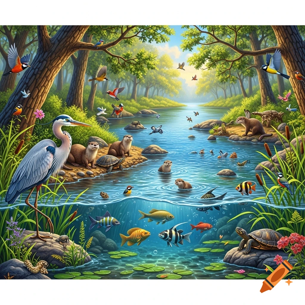 A vibrant illustration of a lush forest river with various wildlife including a heron, otters, turtles, birds, and fish visible above and below the water.