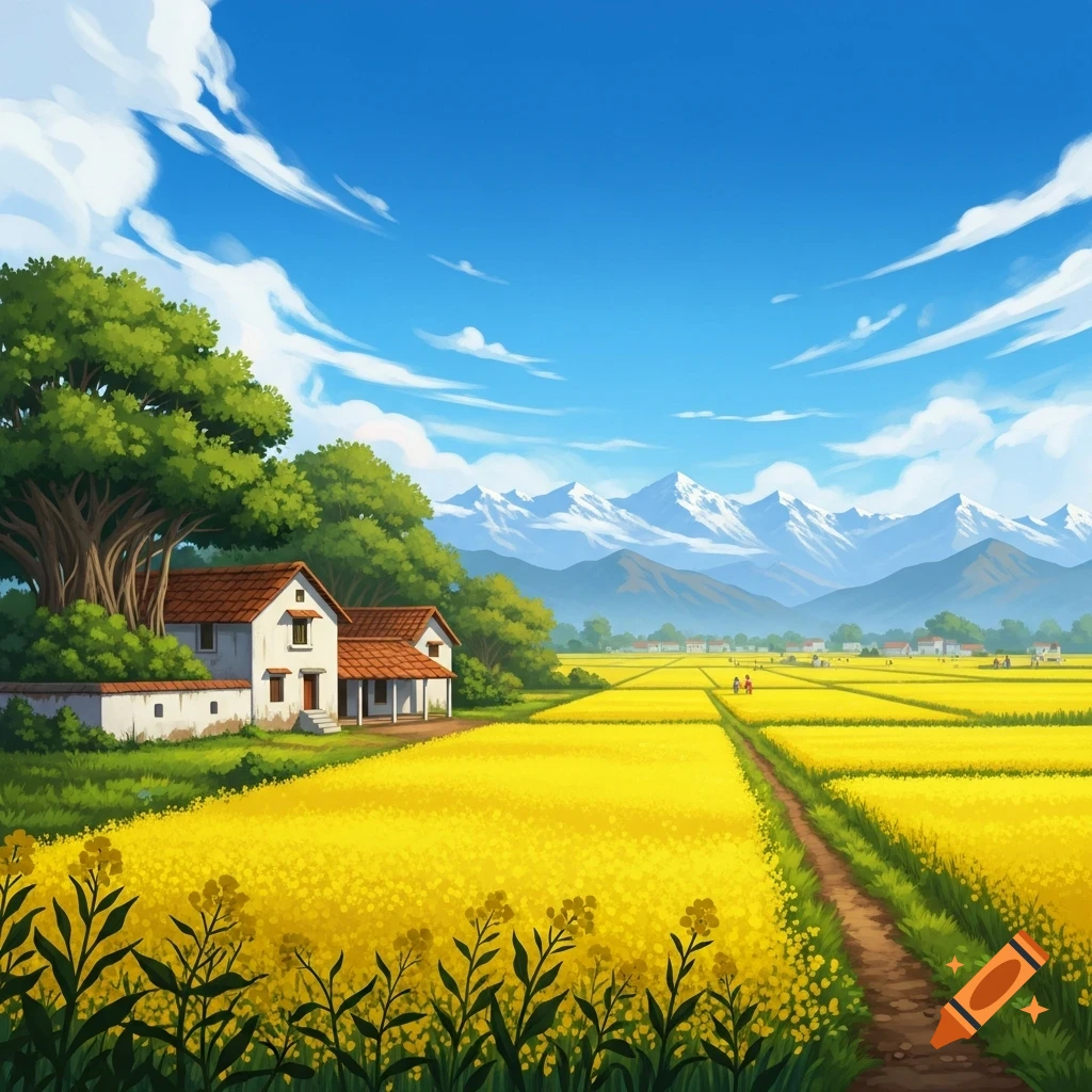 A vibrant anime-style landscape featuring golden rapeseed fields, a dirt path, white houses, green trees, and snow-capped mountains under a clear blue sky.