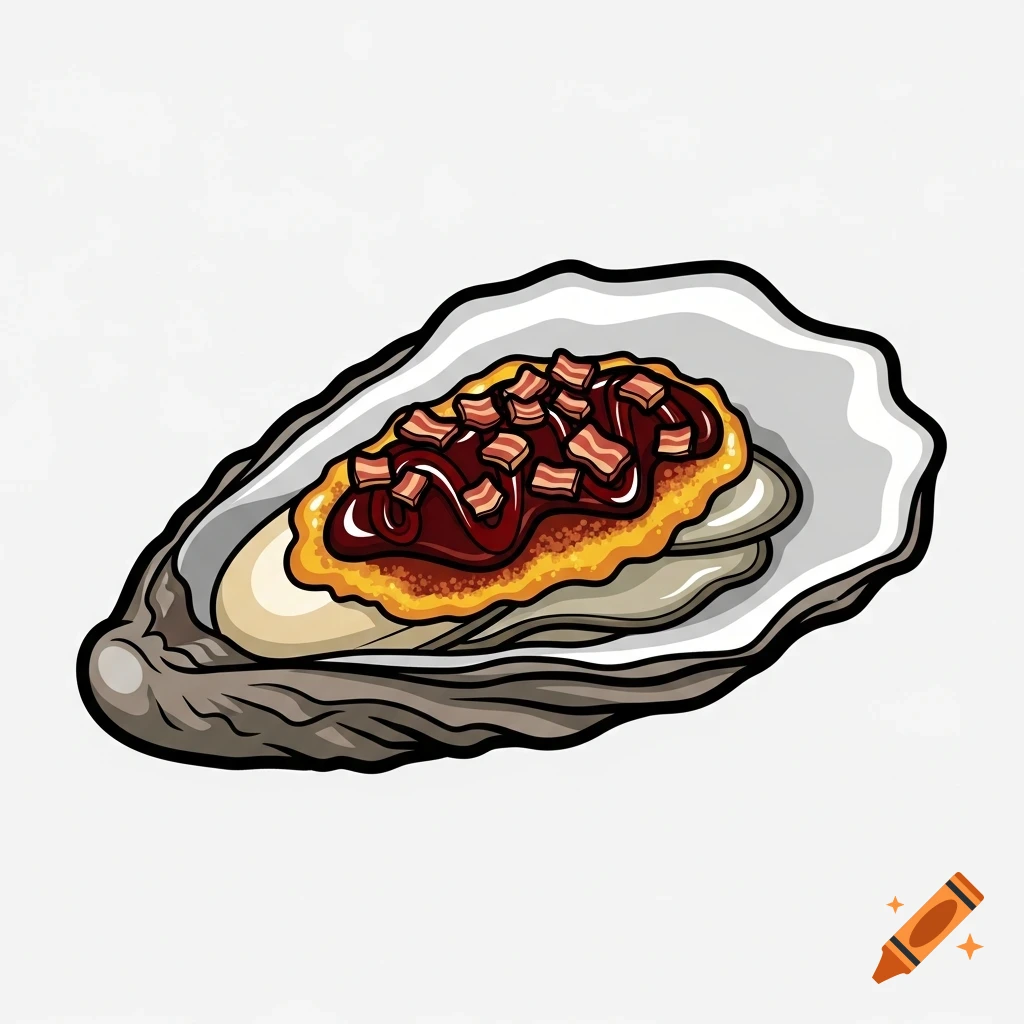 Emoticon-style illustration of an oyster Kilpatrick with bacon and sauce in its shell on a white background.