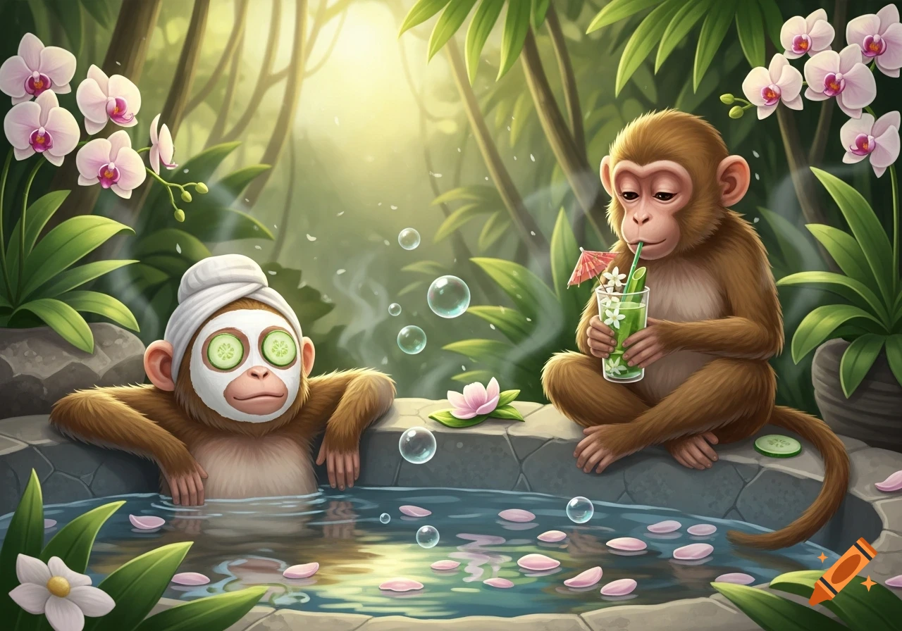 Two cartoon monkeys in a lush jungle spa; one relaxes in a tub with a face mask, the other sips a drink beside it.