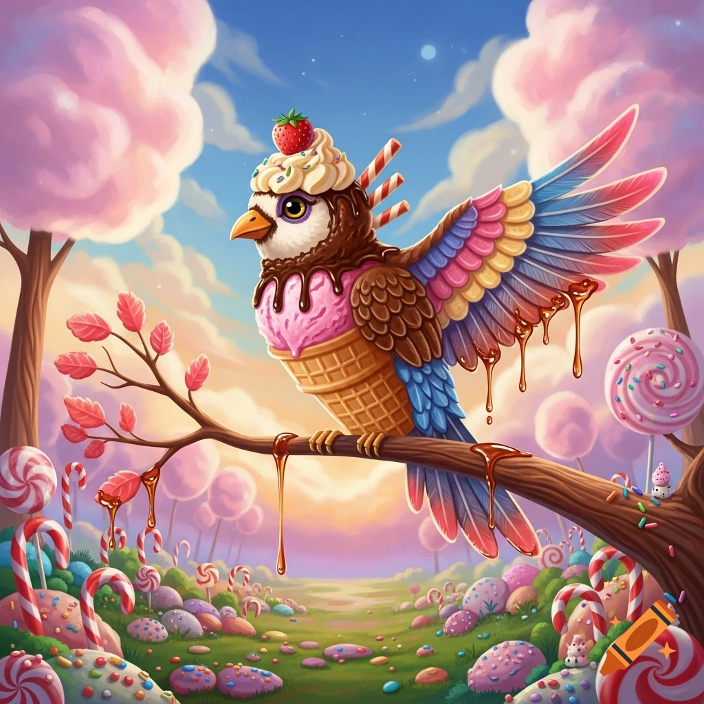 A colorful ice cream bird with whipped cream, a strawberry, and waffle cone body perches in a vibrant candy land.