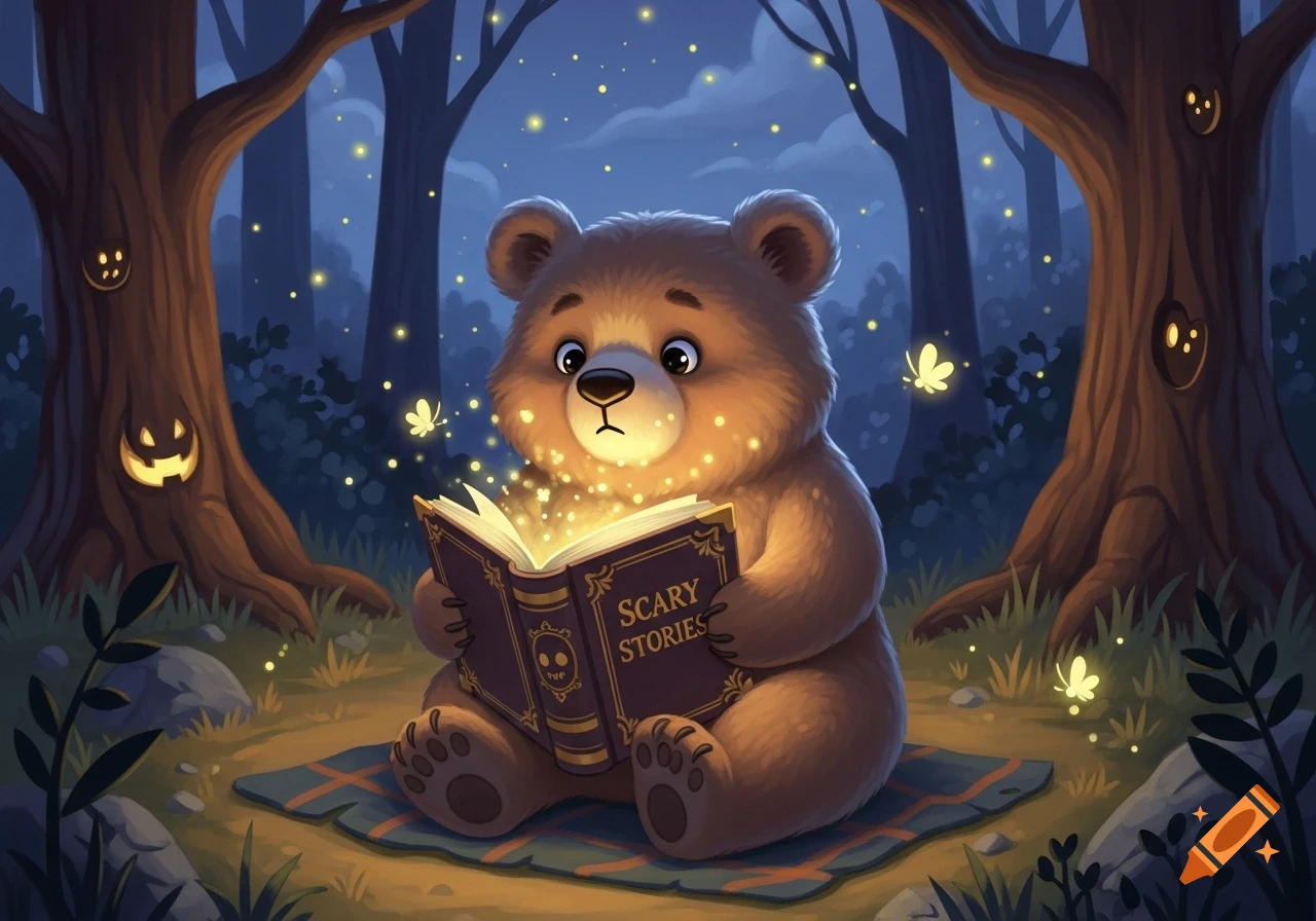 A cute brown bear reads a glowing 'SCARY STORIES' book on a blanket in a magical forest, surrounded by fireflies and carved pumpkins.