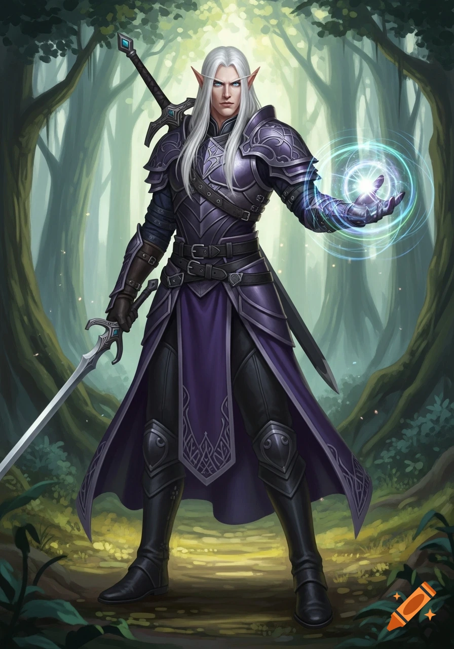A handsome elf wizard with long white hair, purple armor, sword, and a glowing magic orb stands in a mystical forest.
