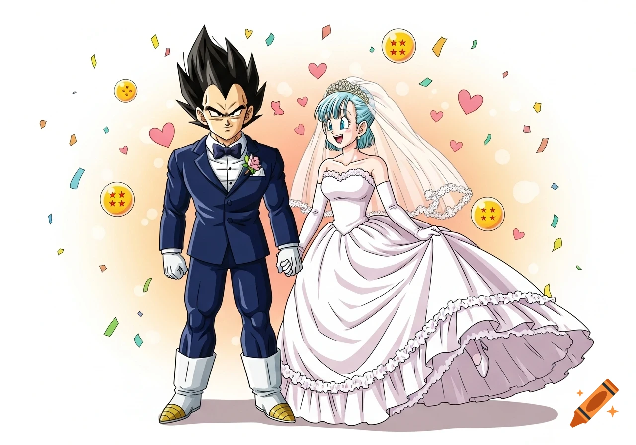 Vegeta in a tuxedo and Bulma in a wedding dress, holding hands, surrounded by hearts and Dragon Ball confetti, in anime style.