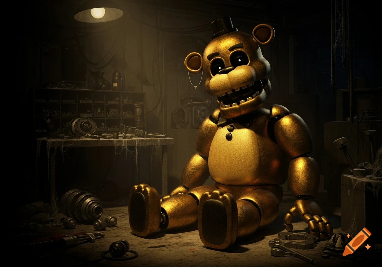 A golden bear animatronic sits limp in a dark, dusty parts and services room, mouth open and eyes black, in a photorealistic style.