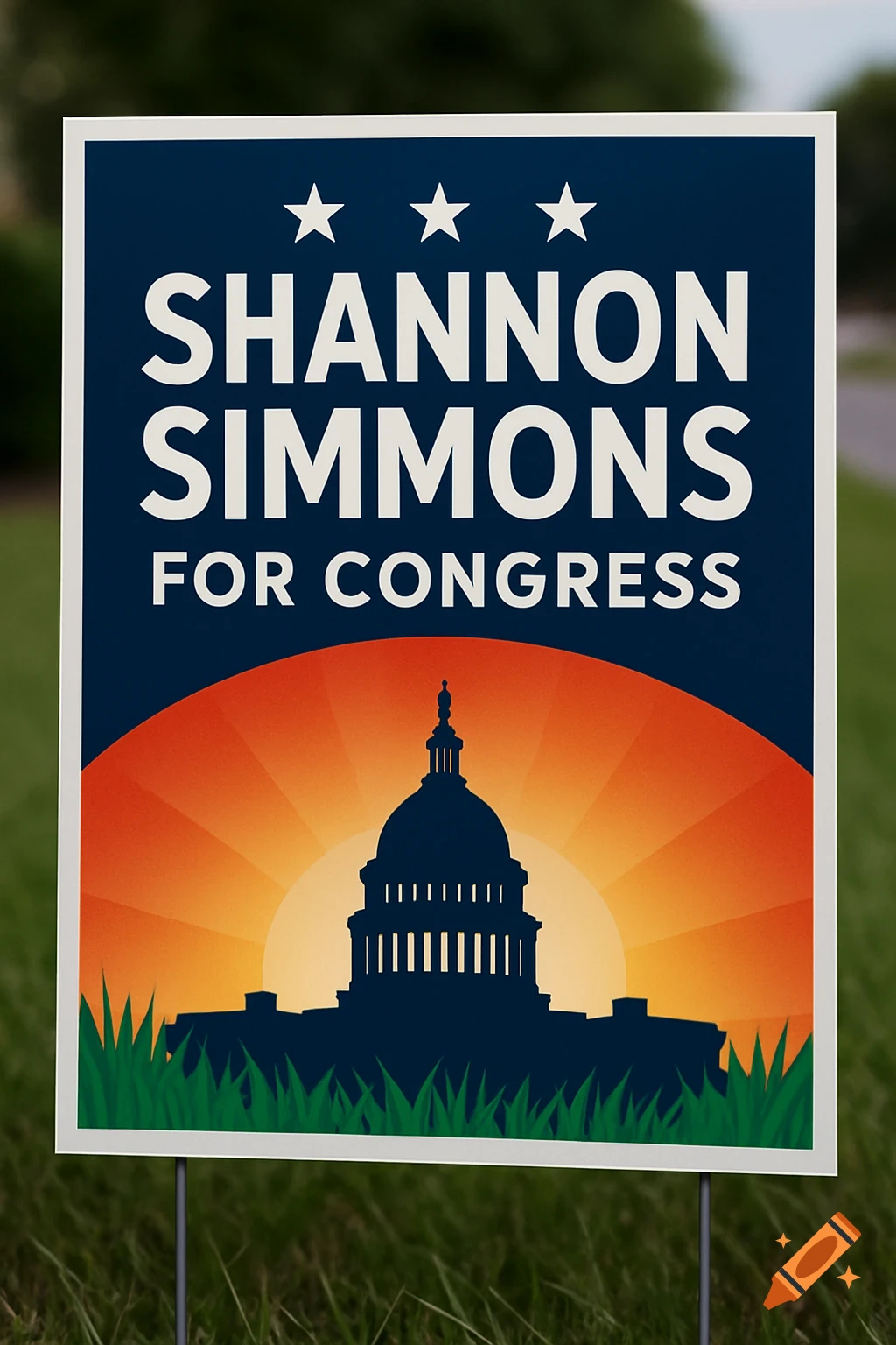 A political lawn sign for 'Shannon Simmons For Congress' in navy blue, white, and orange, featuring a silhouette of the US Capitol building against a sunset background, placed in green grass.