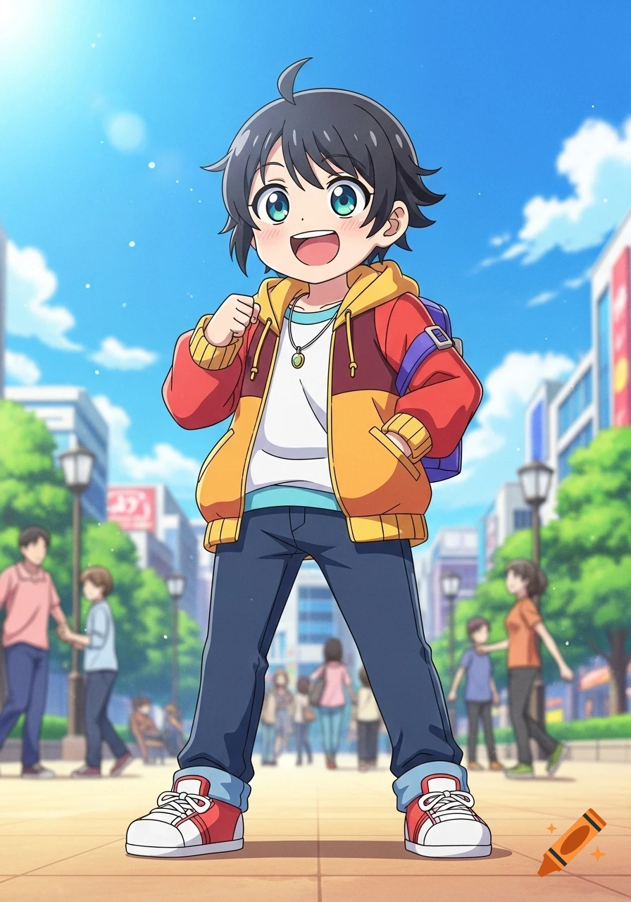 An anime-style boy with dark hair and bright green eyes smiles brightly in a red and yellow hoodie and blue jeans on a sunny city street.