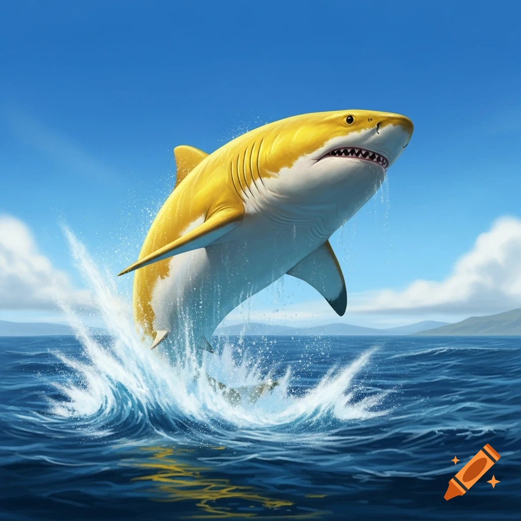 A large yellow and white shark jumps powerfully out of deep blue ocean water, creating a big splash, under a bright blue sky.