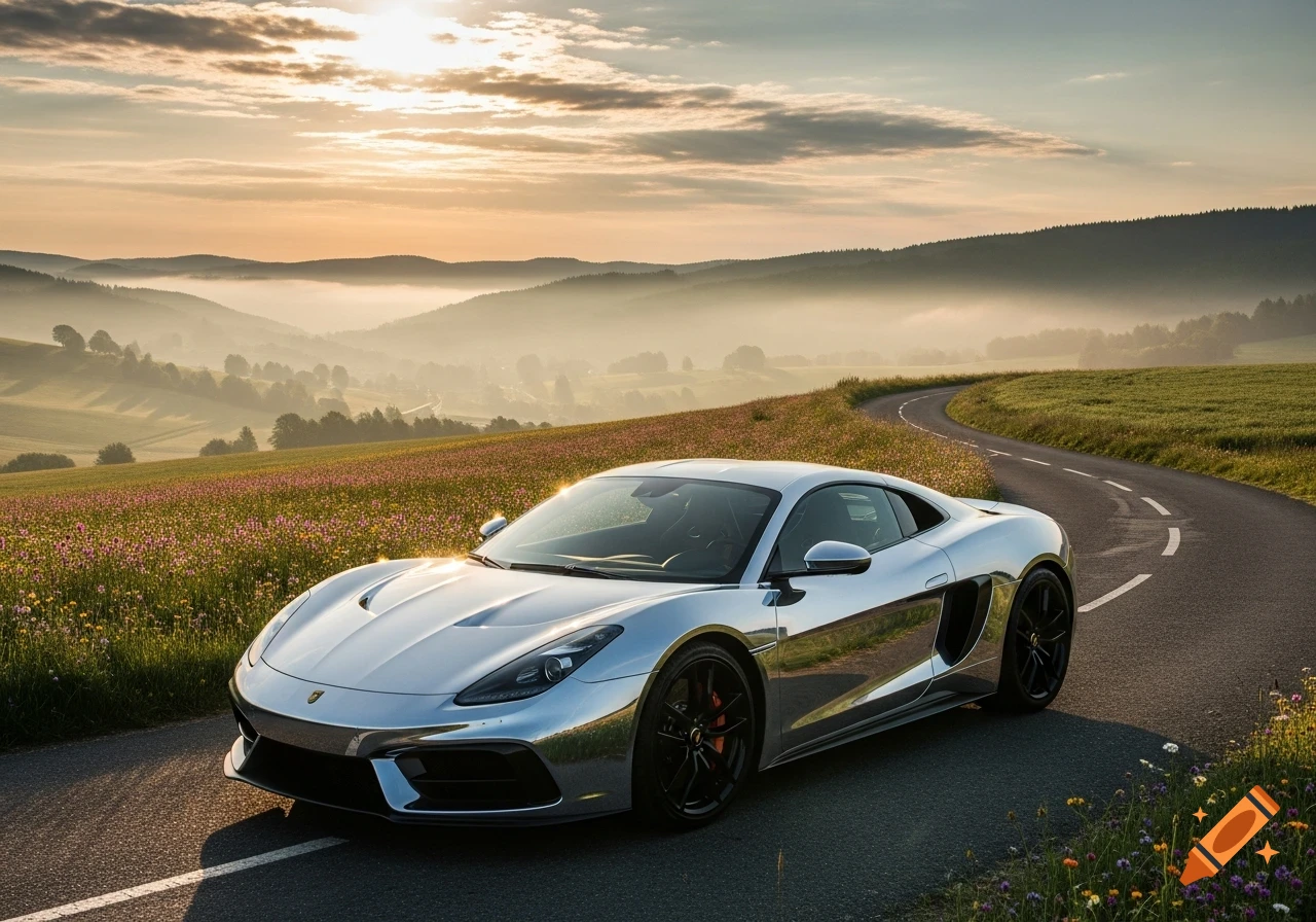 A sleek silver sports car is parked on a winding road amidst rolling green hills and pink wildflowers at sunrise.