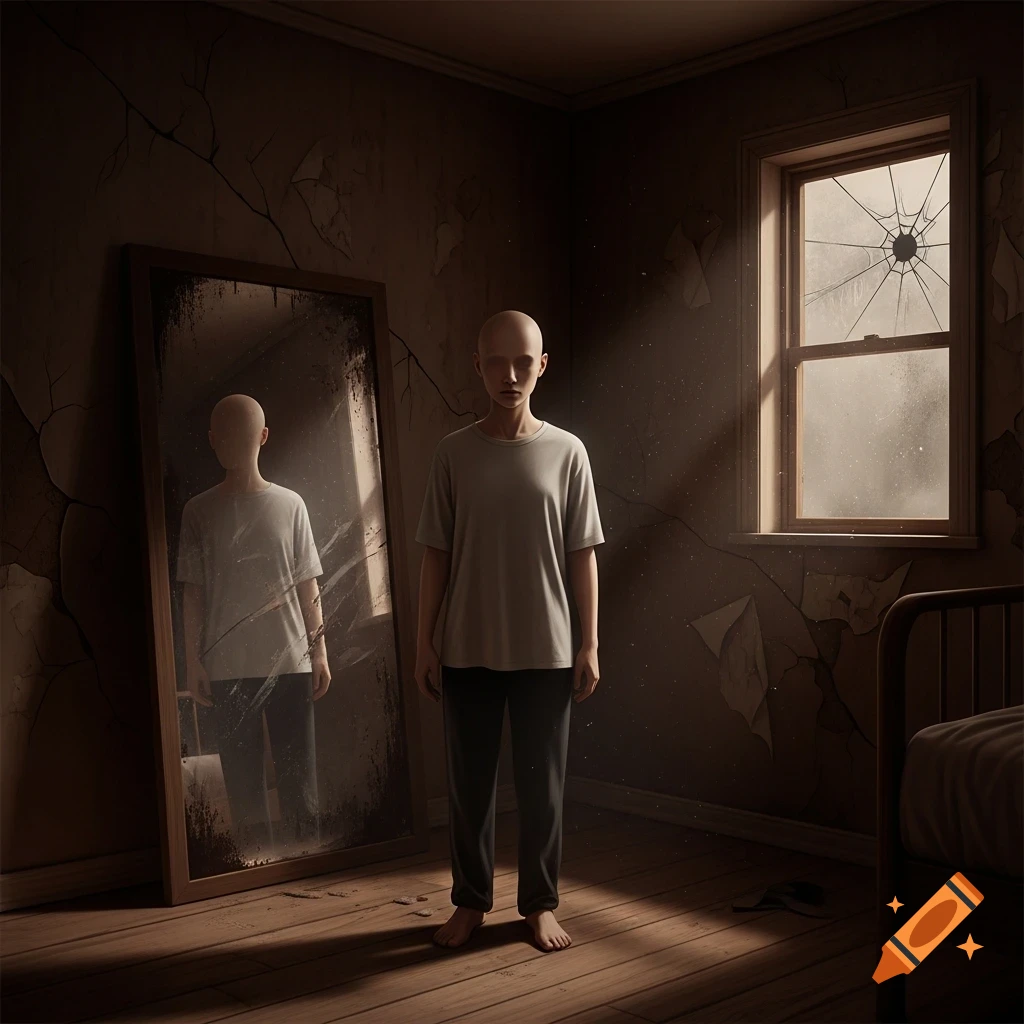An androgynous bald figure with no mouth stands in a dark, dilapidated room, staring at its reflection in a broken mirror.