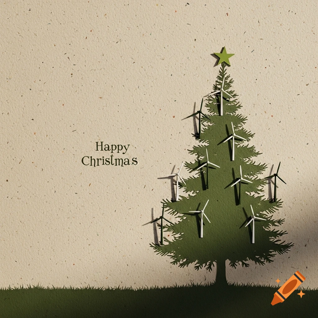 Minimalist Christmas card with a green Christmas tree adorned with wind turbine ornaments, set against a recycled paper texture, reading 'Happy Christmas'.