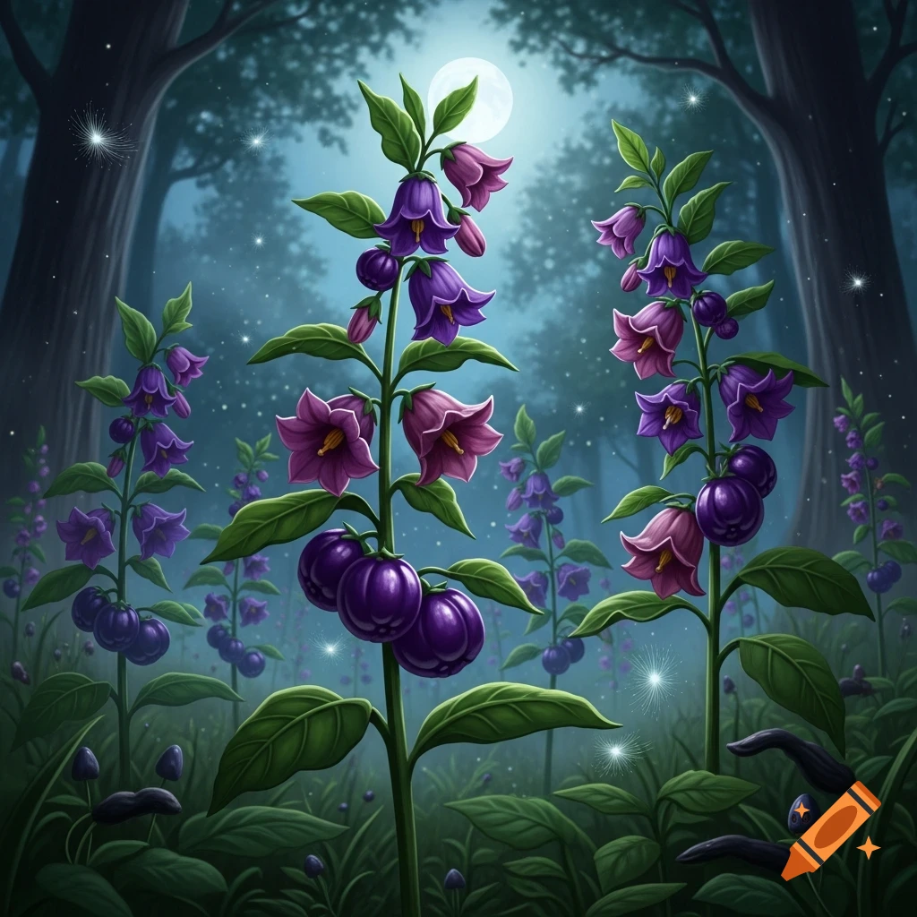 Whimsical illustration of tall plants with purple bell-shaped flowers and dark berries in a moonlit forest, with glowing specks.