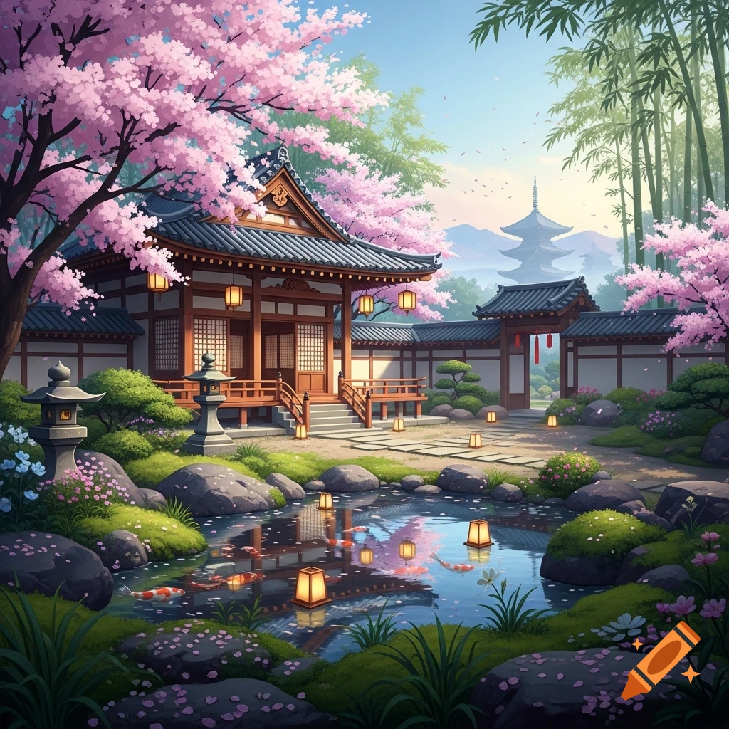 A serene Japanese garden with traditional architecture, pink cherry blossoms, a pond with koi fish, and lanterns.