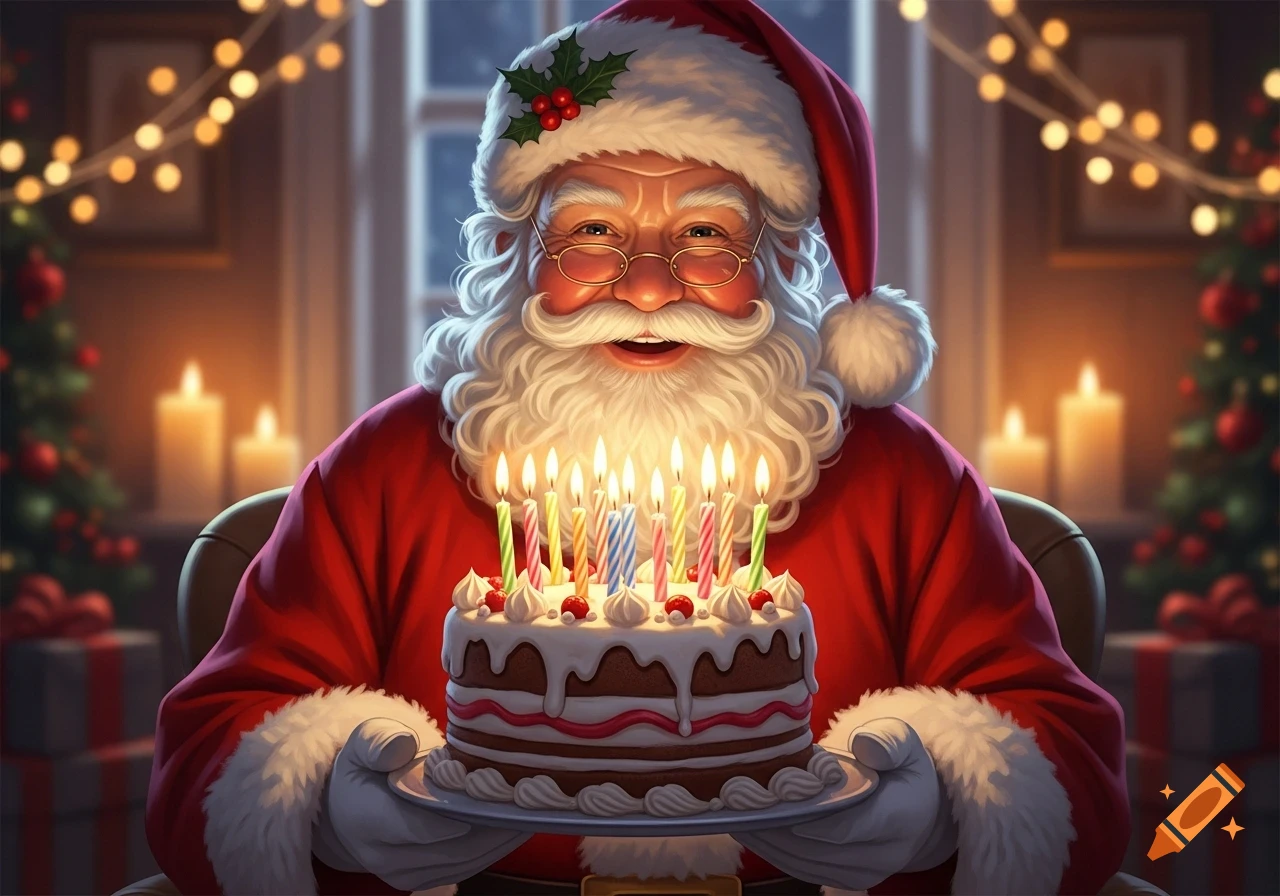 Realistic Santa Claus smiles warmly, holding a birthday cake with many lit candles in a cozy, festive Christmas setting.