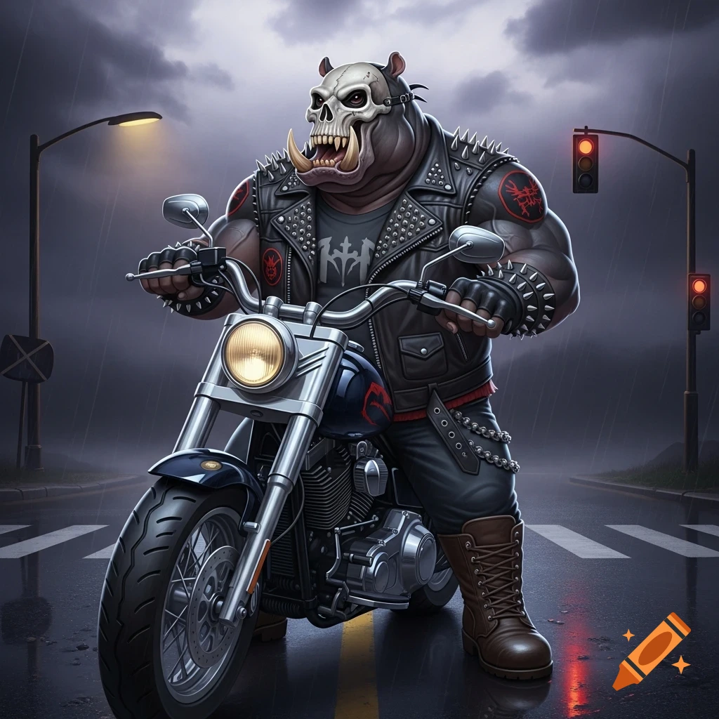 A muscular anthropomorphic hippo wearing a skull mask and spiked biker vest rides a motorcycle in the rain under a stormy sky, digital art.