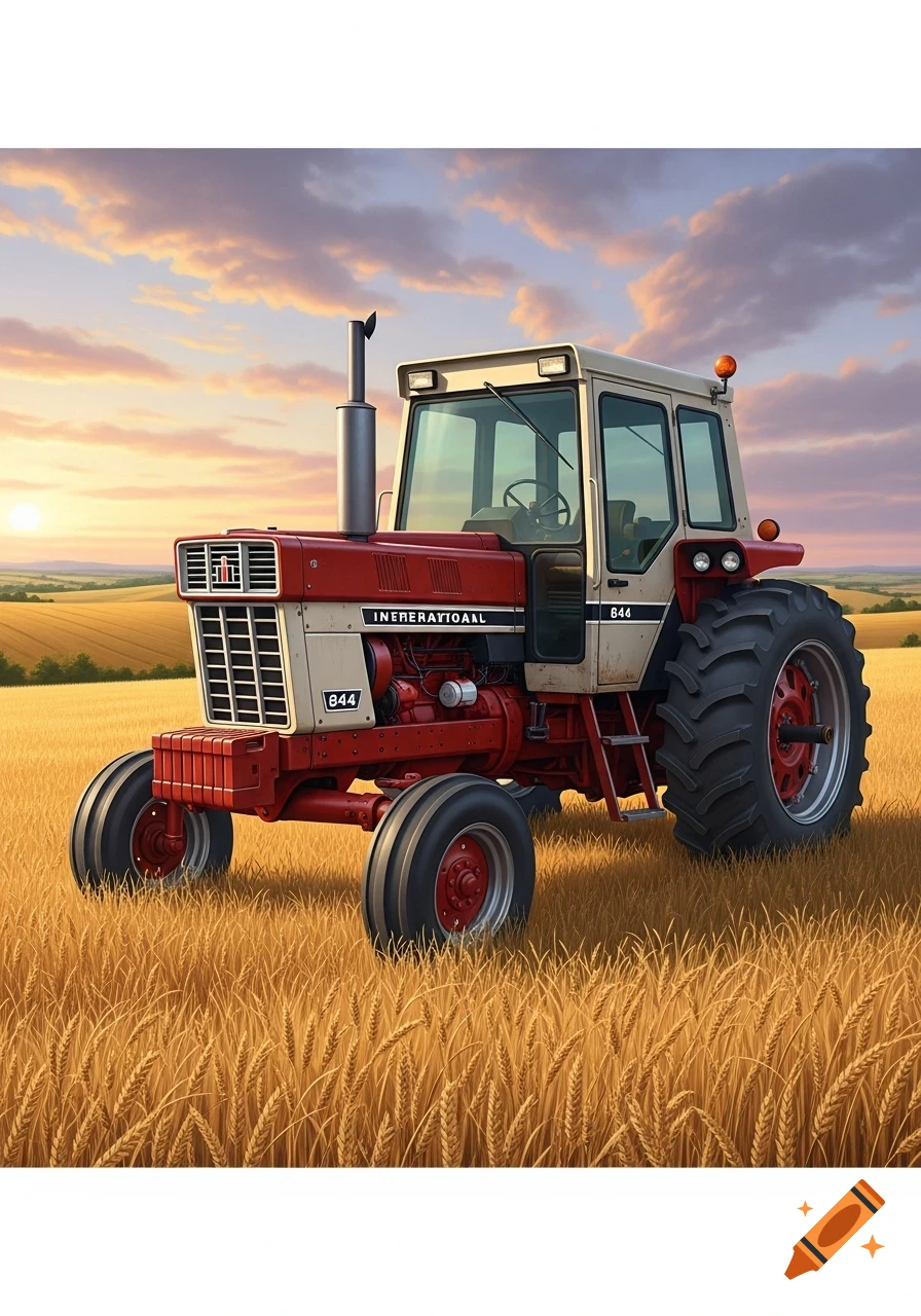 A red and cream farm tractor stands in a golden wheat field under a vibrant sunset sky.