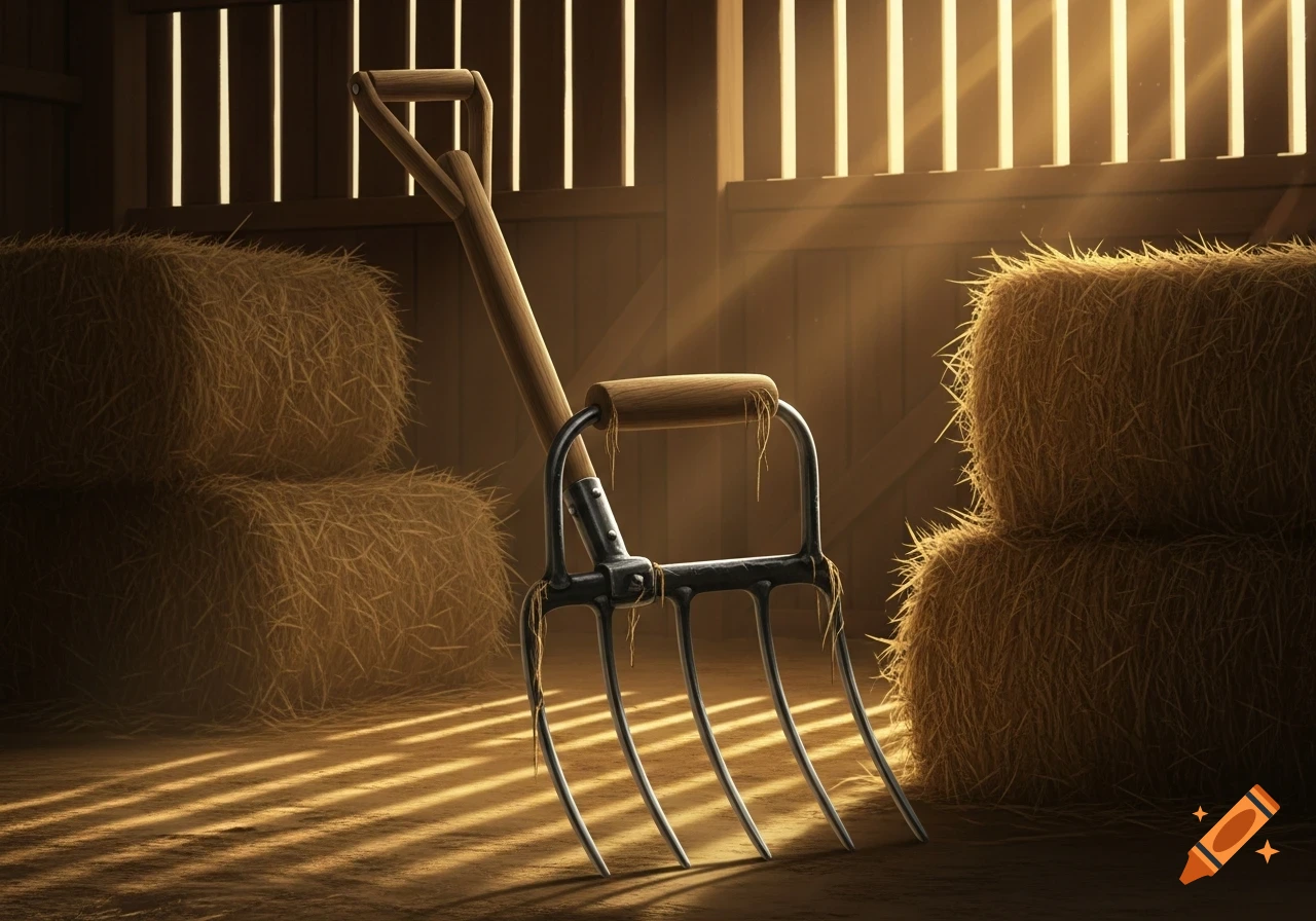 A close-up of a four-tine manure fork resting on a dirt floor inside a barn, with stacks of hay bales on either side. Sunlight streams through wooden slats, casting striped shadows.