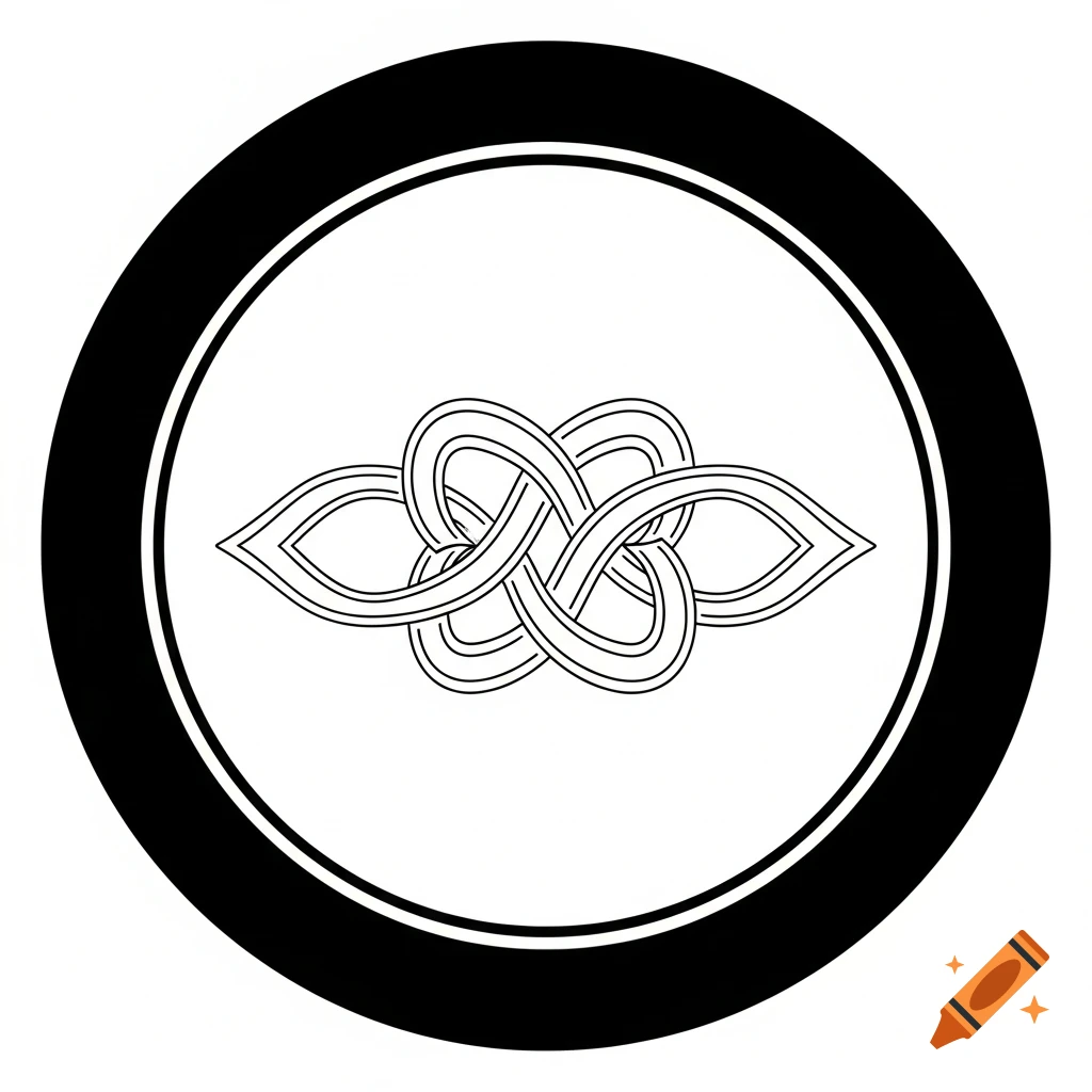 Black and white circular icon with a simple outlined knot design.