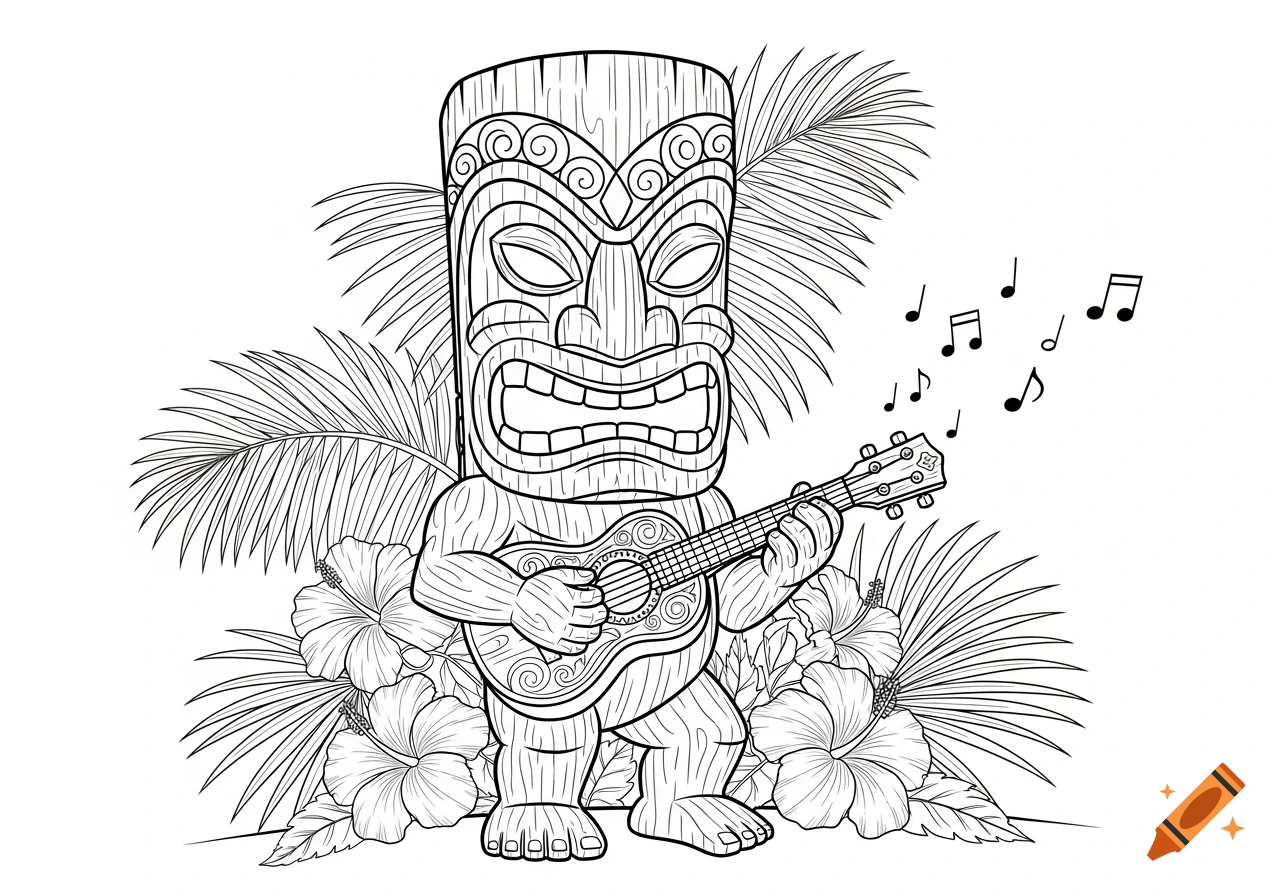 Line drawing of a tiki statue playing a ukulele, surrounded by palm leaves and hibiscus flowers.