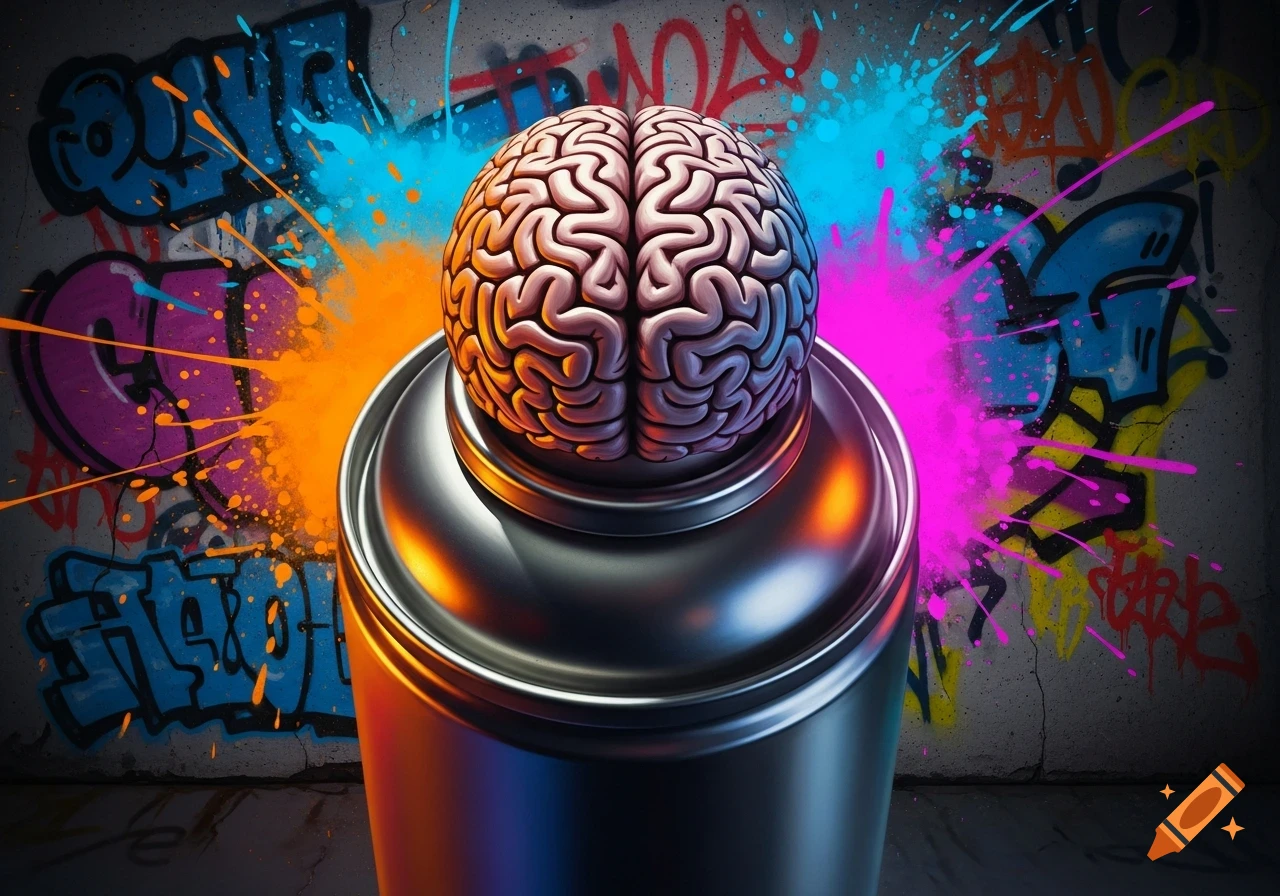 A photorealistic brain serves as the cap for a metallic spray paint can against a vibrant, graffiti-covered concrete wall.