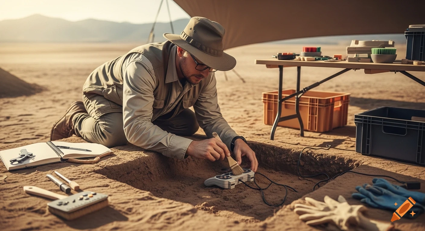 Photorealistic archaeologist brushes sand off a vintage game controller in a desert excavation site.