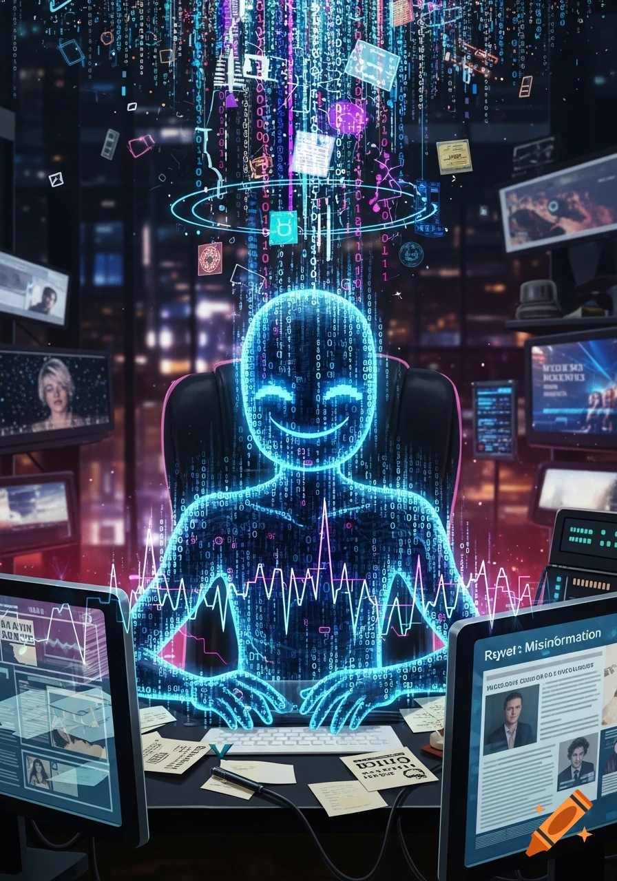 A glowing blue digital figure with a smiling face sits at a desk, surrounded by computer screens displaying charts, code, and articles related to misinformation, with binary data flowing from above.